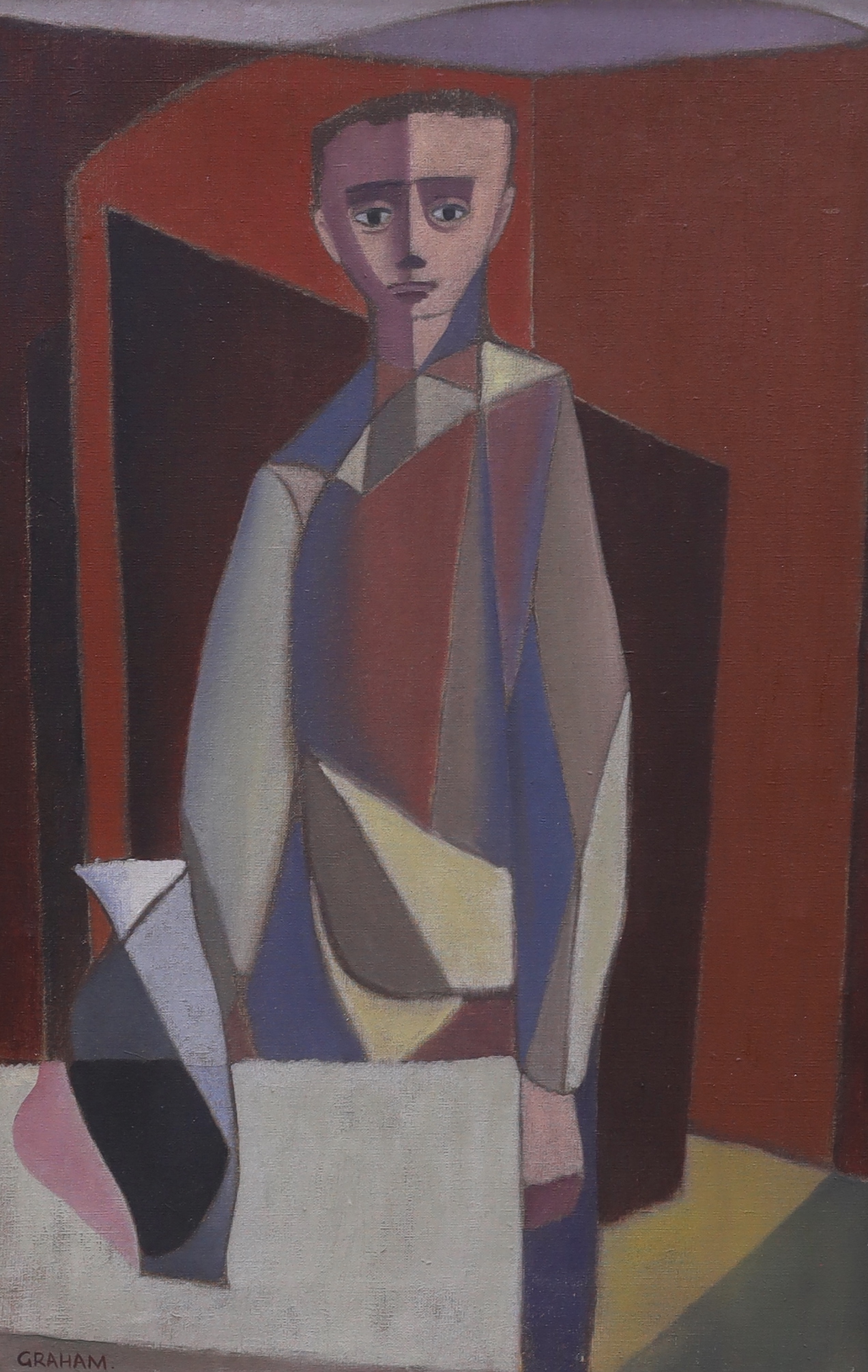 Graham, 20th century Cubist School, oil on canvas, Abstract standing figure, 59 x 39cm